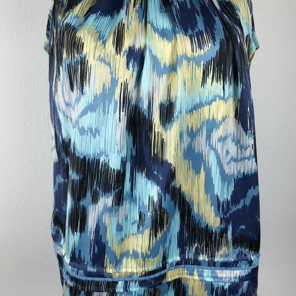 BCBGeneration Watercolor Print Tie Shoulder Sleeveless Blouse Blue‎ Yellow Sz M - Picture 3 of 7